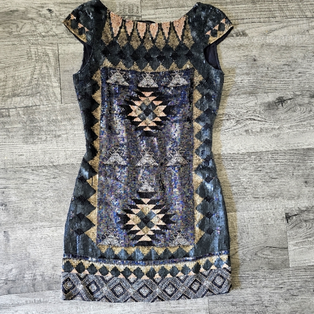 AllSaints Paloma Black and Gold Sz 2 Mini Dress Art Deco Print Sequin